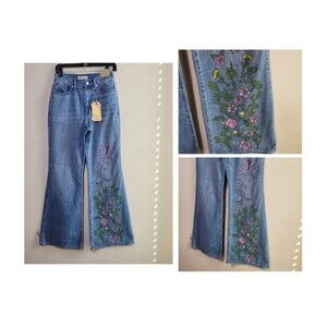NEW Madewell Baggy Flare Jeans Blue  High Rise W26 Painted Flowers Boho Hippie